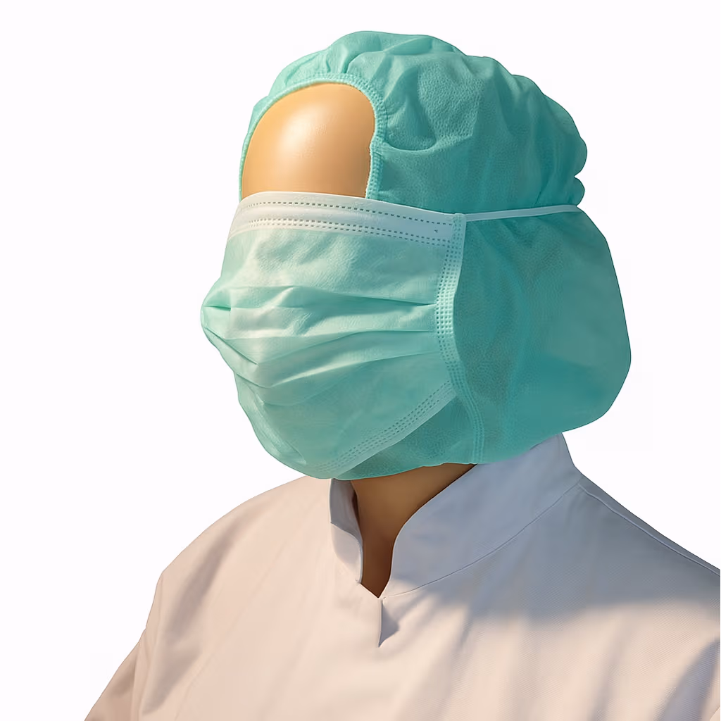Hoofdkap PP n-w met 2-laags mondmasker groen